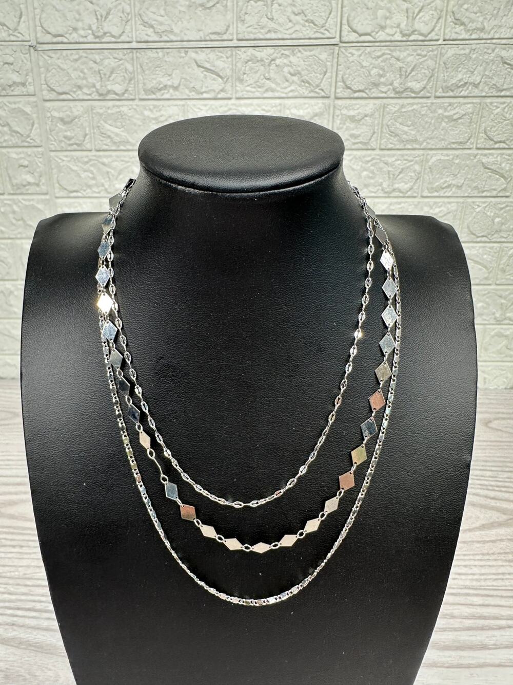 Pomina Costume Silver Jewelry Necklace 3 Tier Diamond & Flat Chains Adjustable